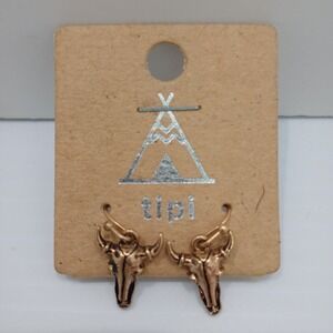 Tipi Western Bull Skull Earrings Gold Tone Dangle Boutique Style Pierced